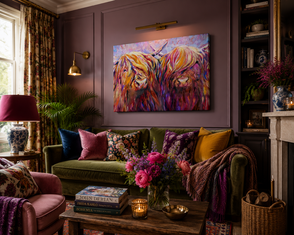 Cozy living room with a colorful painting of two animals on the wall.