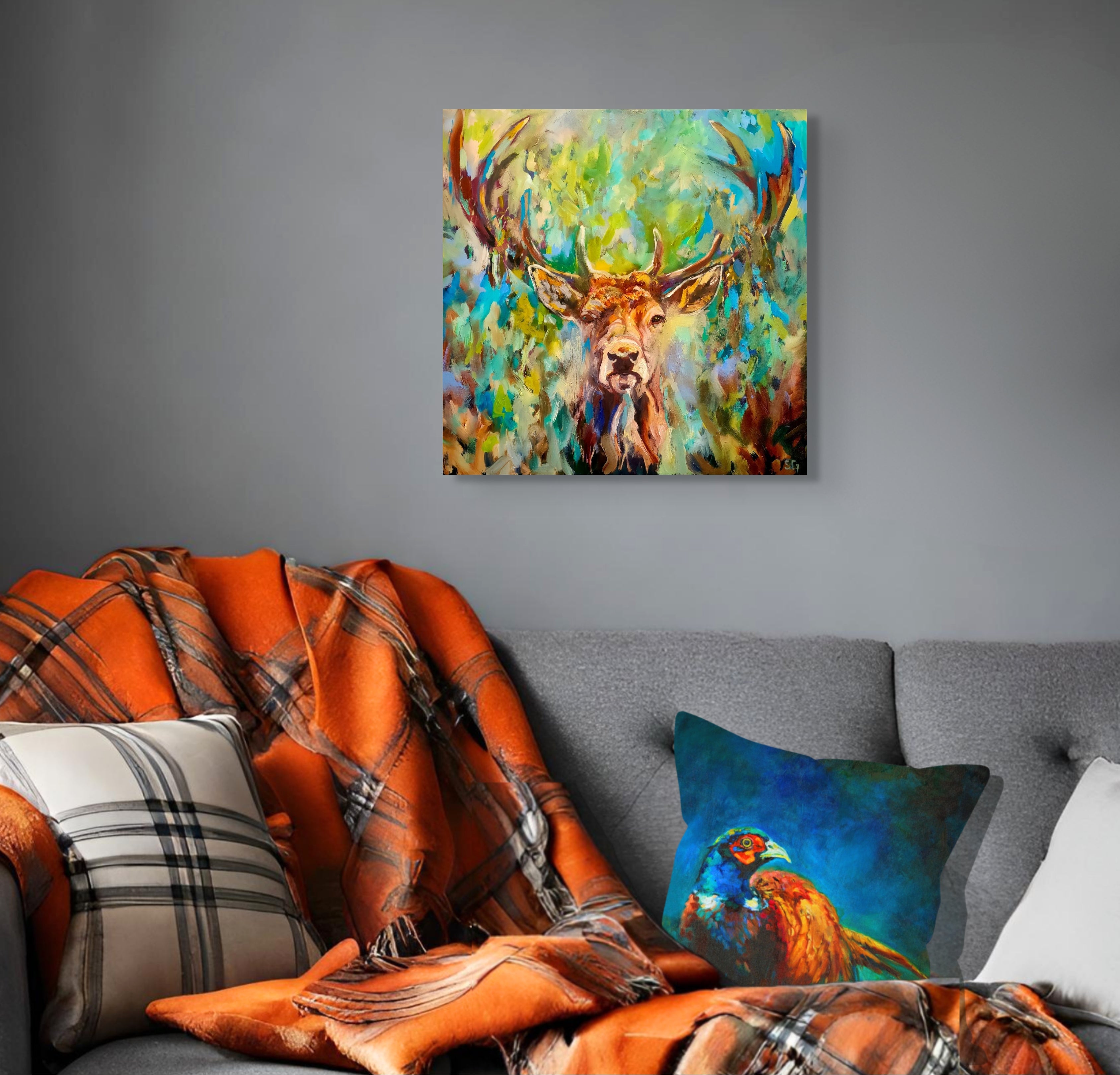 Sold* Dante - Original Stag Oil Painting - 60 x 60 cm /24 x 24 “ - Animal Art by Susan Gardner - Contemporary Expressionist - Colourful Fine Art