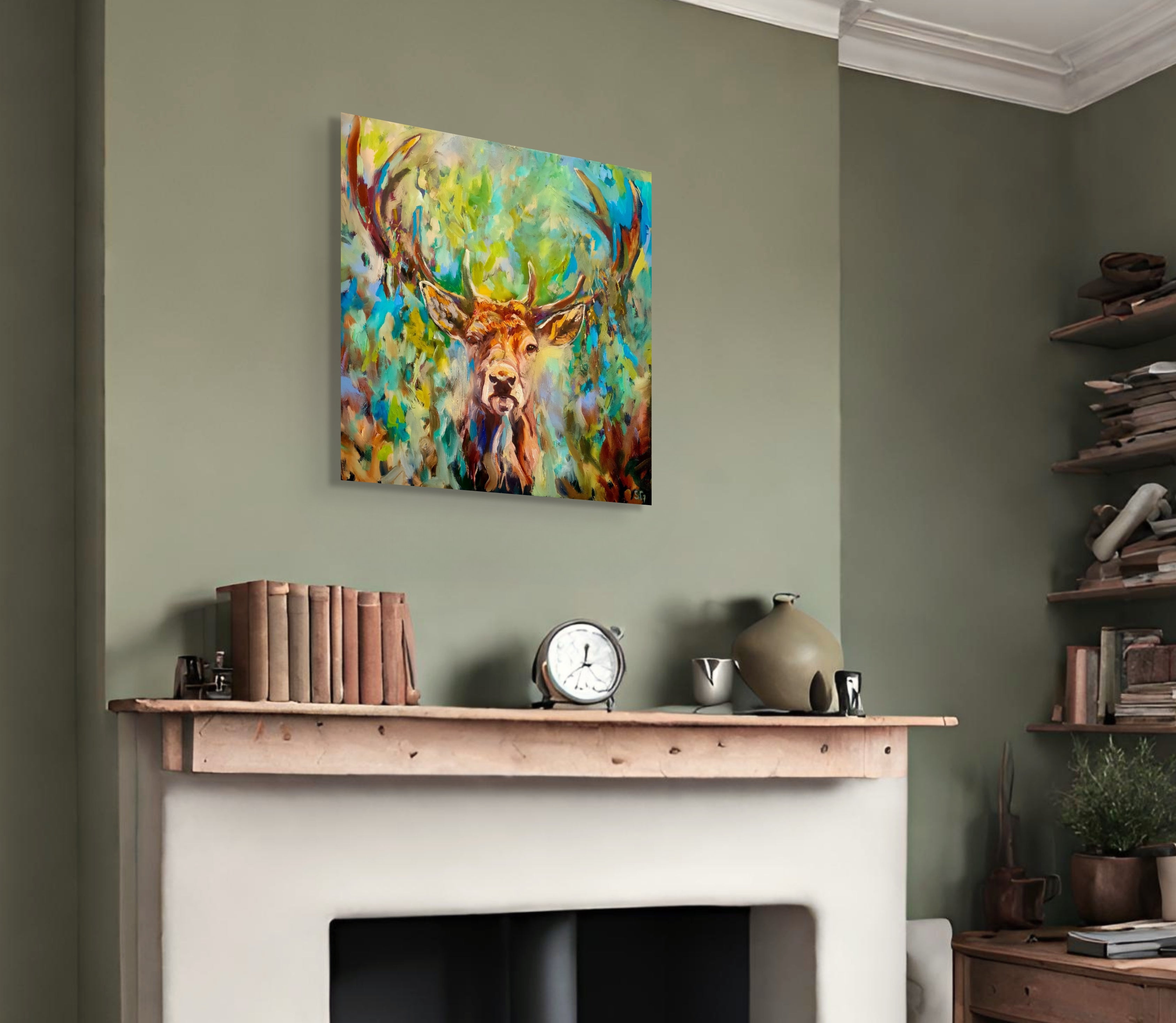 Sold* Dante - Original Stag Oil Painting - 60 x 60 cm /24 x 24 “ - Animal Art by Susan Gardner - Contemporary Expressionist - Colourful Fine Art