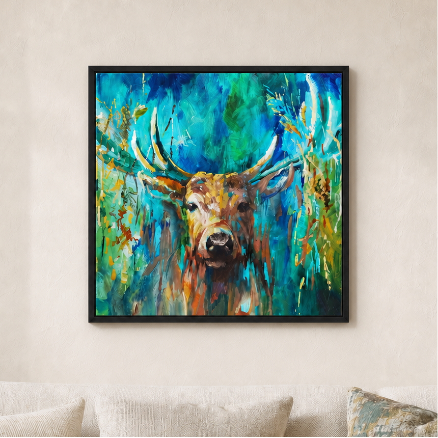 A framed square canvas print of an expressive painting featuring a brown deer with large antlers against a vibrant blue and green background, hanging on a beige wall above a light-colored sofa with neutral pillows.