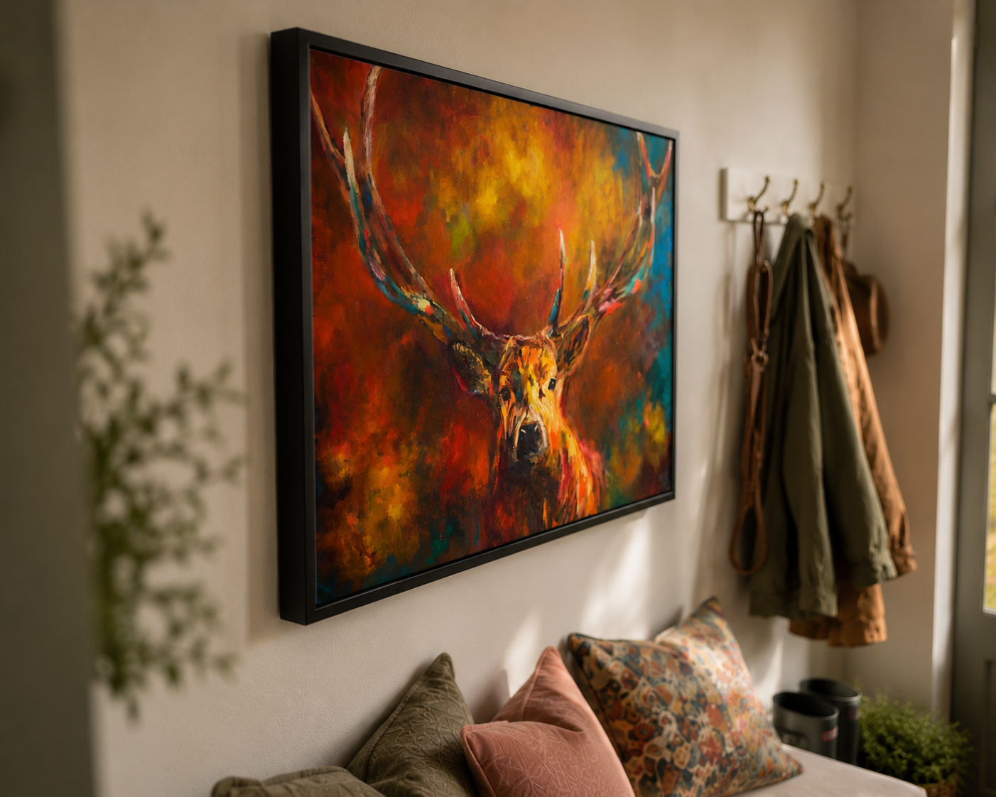 Colorful painting of a deer head on a wall above a bed with pillows.