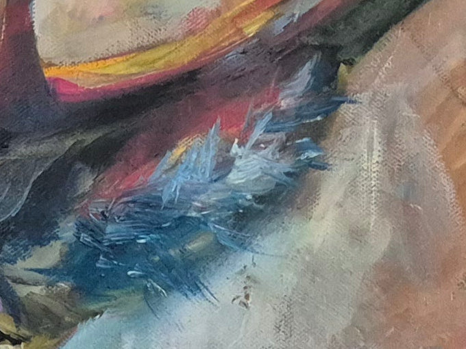 Painting of a deer with large antlers on a colorful abstract background