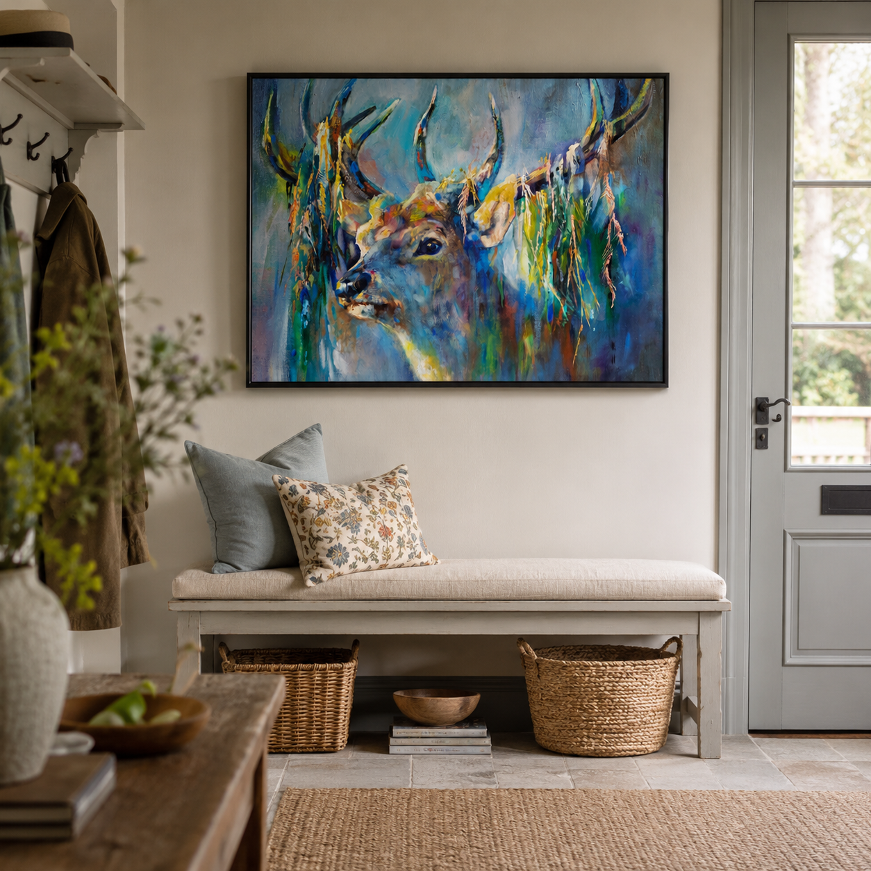 Elegant Cotswolds style room with desks baskets and grey stag artwork 
