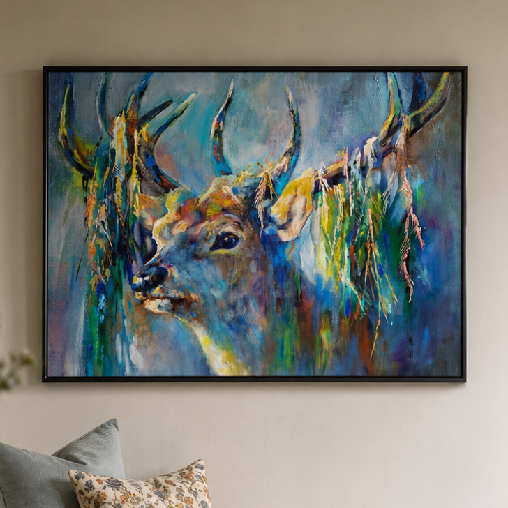 A framed canvas painting of a deer with antlers, painted in expressive blue, green, and yellow brushstrokes, hanging on a beige wall above a sofa with pillows.