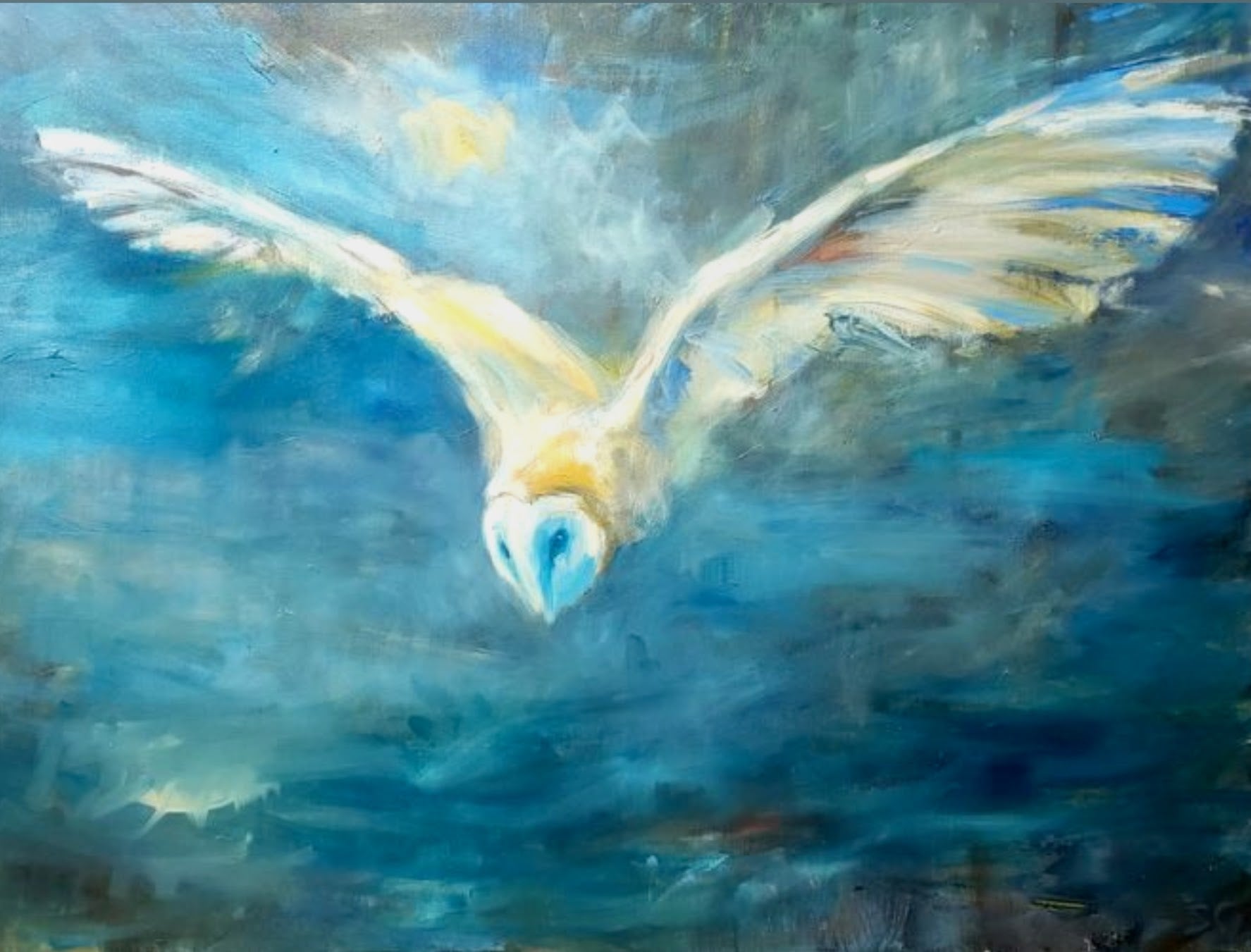 Forever in Flight -  Original Barn Owl Oil Painting  80 x 100 cm / 30 x 40 " - - susan gardner - uk artist - colourful animal art