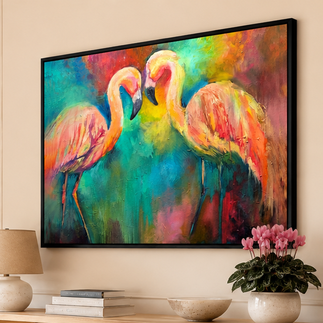 A colorful framed wall art print depicting two flamingos in a bright, painterly style, displayed above a light wood console table in a beige interior room.