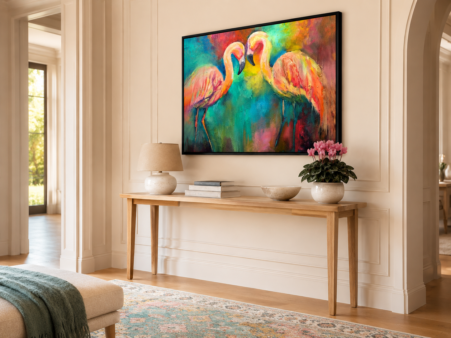 A colorful framed wall art print depicting two flamingos in a bright, painterly style, displayed above a light wood console table in a beige interior room.