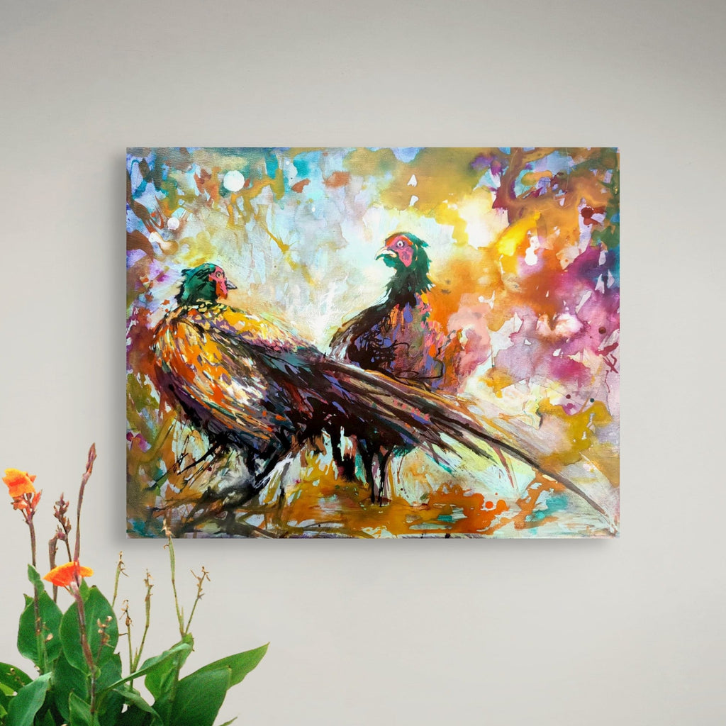 Fiesty Pheasants Canvas - Animal Art by Susan Gardner - Contemporary Expressionist - Colourful Fine Art