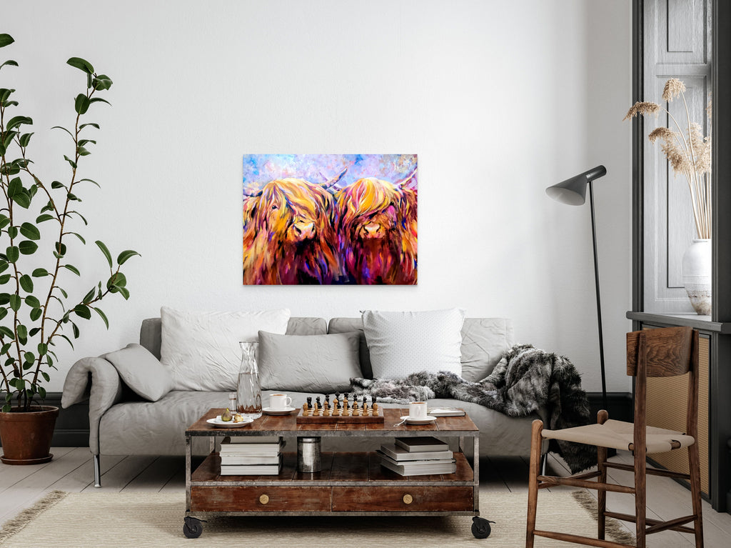 *Sold 'Fiddich and Spey ' - Original Highland Cow Couple Oil Painting - 30 x 40 "/ 80 x 100 cm - - susan gardner - uk artist - colourful animal art