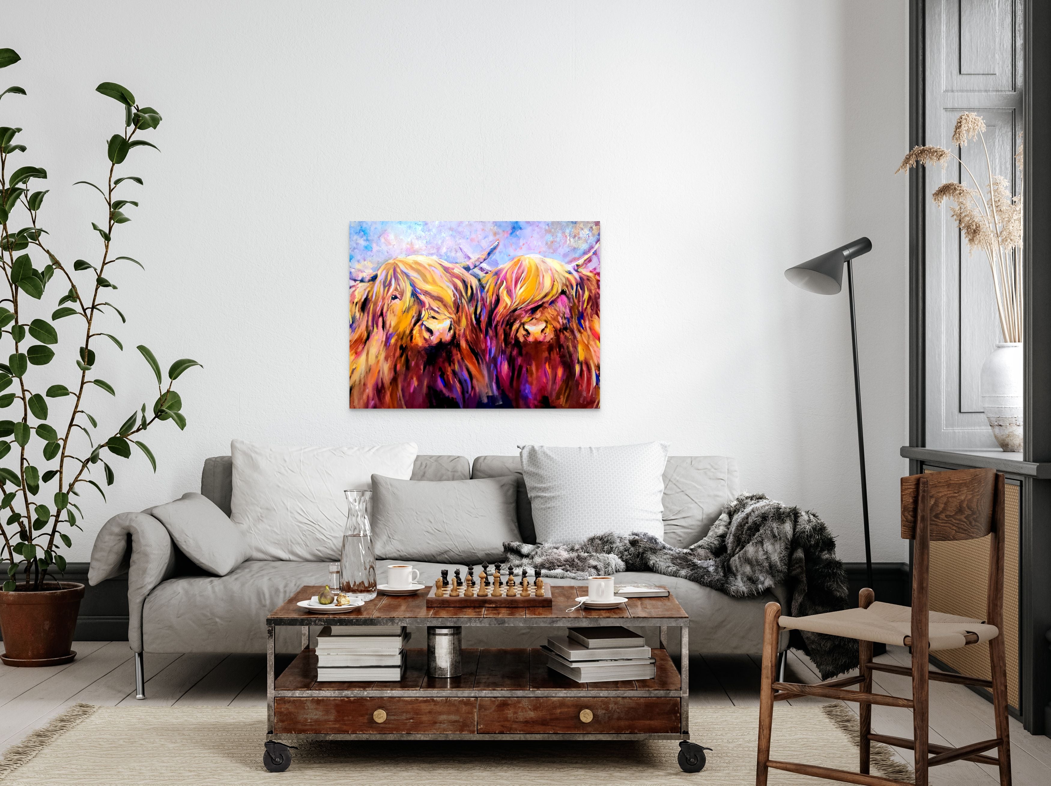 *Sold 'Fiddich and Spey ' - Original Highland Cow Couple Oil Painting - 30 x 40 "/ 80 x 100 cm - Animal Art by Susan Gardner - Contemporary Expressionist - Colourful Fine Art