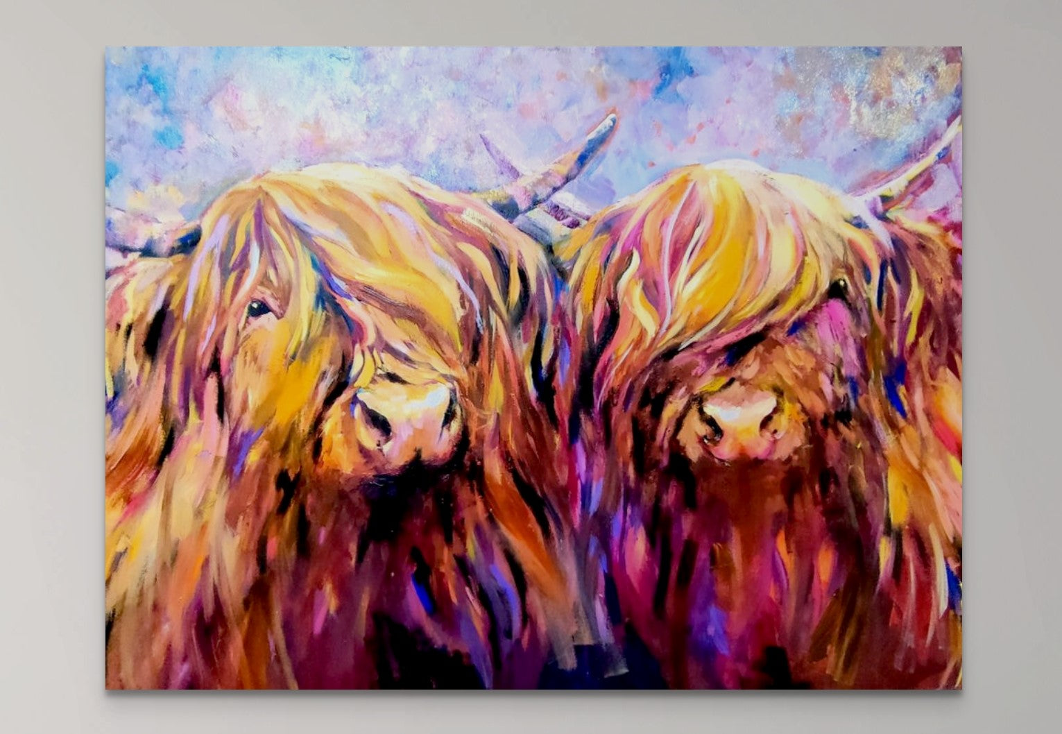 *Sold 'Fiddich and Spey ' - Original Highland Cow Couple Oil Painting - 30 x 40 "/ 80 x 100 cm - Animal Art by Susan Gardner - Contemporary Expressionist - Colourful Fine Art