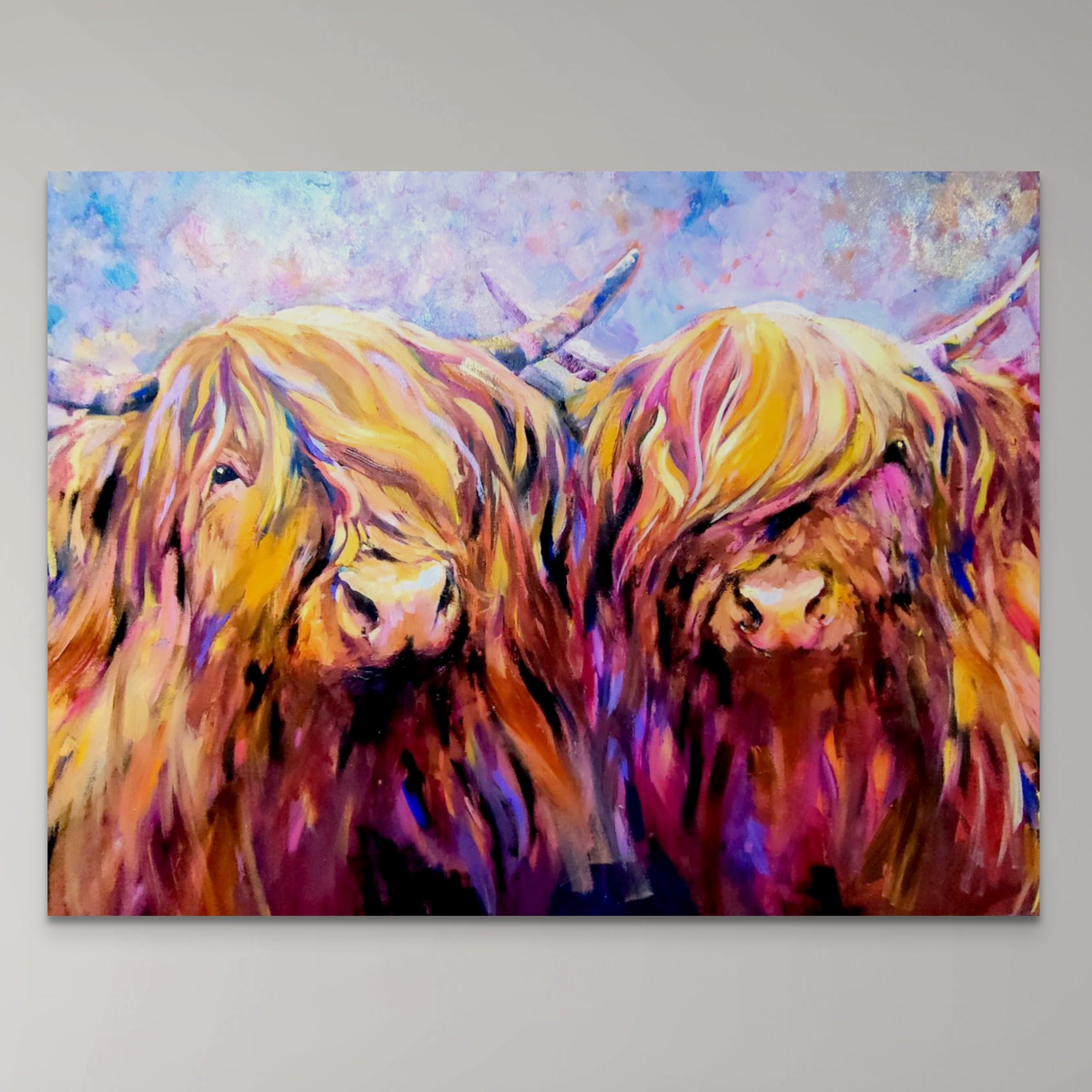 *Sold 'Fiddich and Spey ' - Original Highland Cow Couple Oil Painting - 30 x 40 "/ 80 x 100 cm - Animal Art by Susan Gardner - Contemporary Expressionist - Colourful Fine Art
