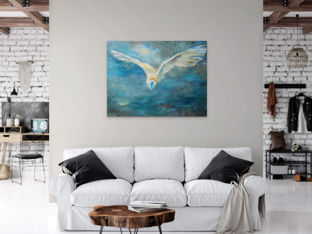 Forever in Flight -  Original Barn Owl Oil Painting  80 x 100 cm / 30 x 40 " - - susan gardner - uk artist - colourful animal art