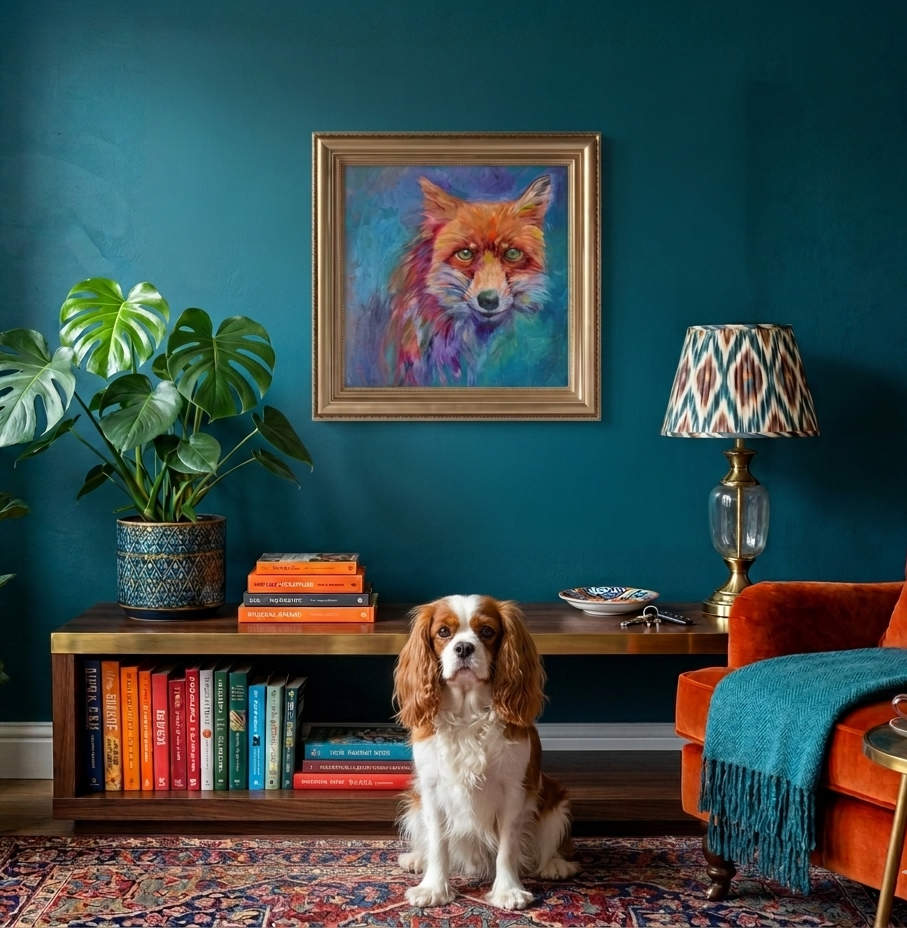 Dog sitting on a rug in a room with a blue wall, framed fox painting, books, and plants.