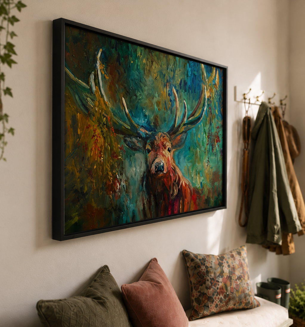 Framed painting of a deer on a wall above a sofa with decorative pillows.