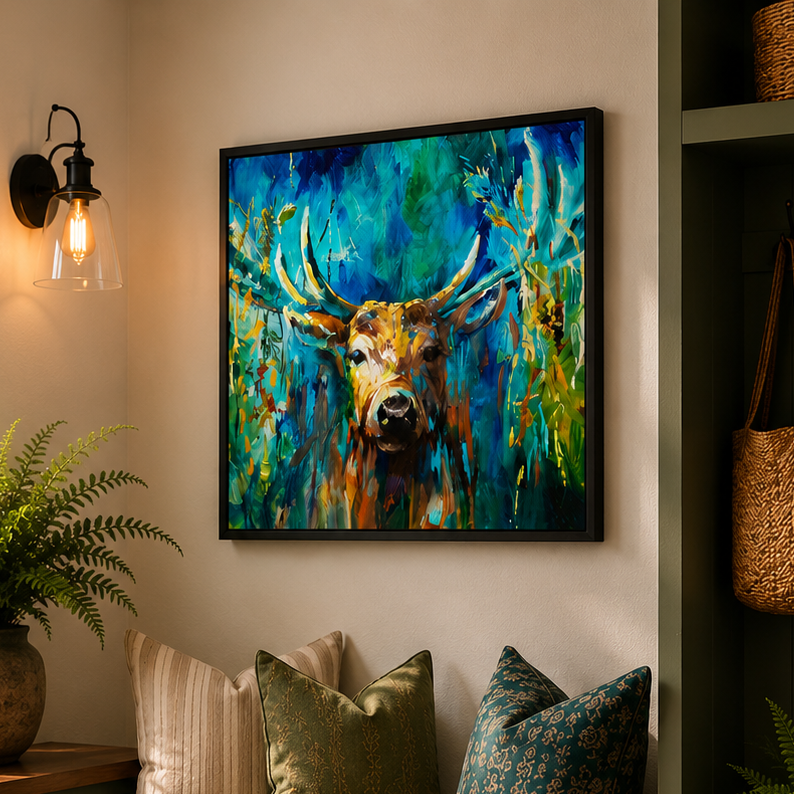 Framed abstract painting of a deer on a wall above a seating area with pillows and a plant.