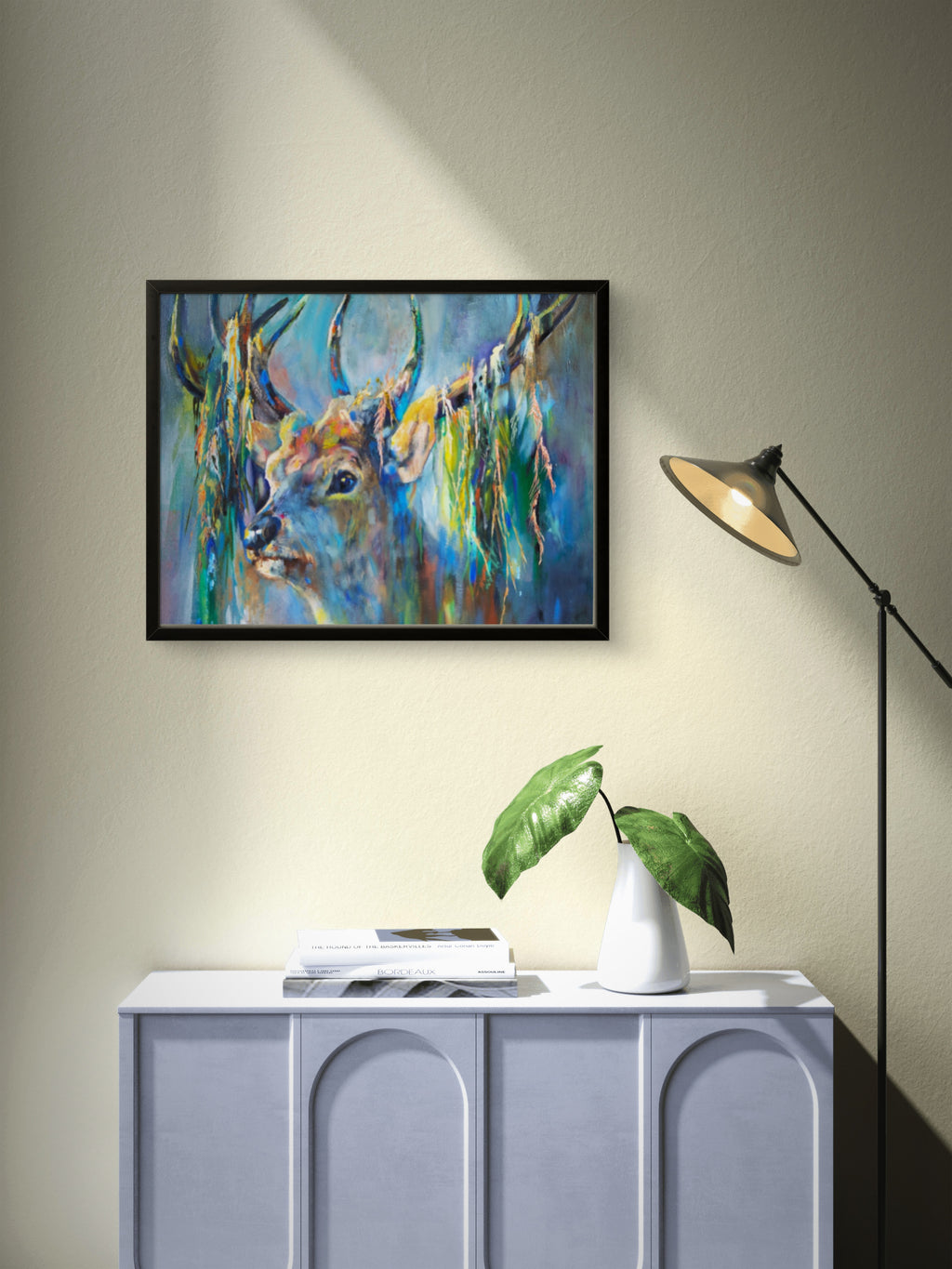 Silver Stag Framed Canvas - - susan gardner - uk artist - colourful animal art