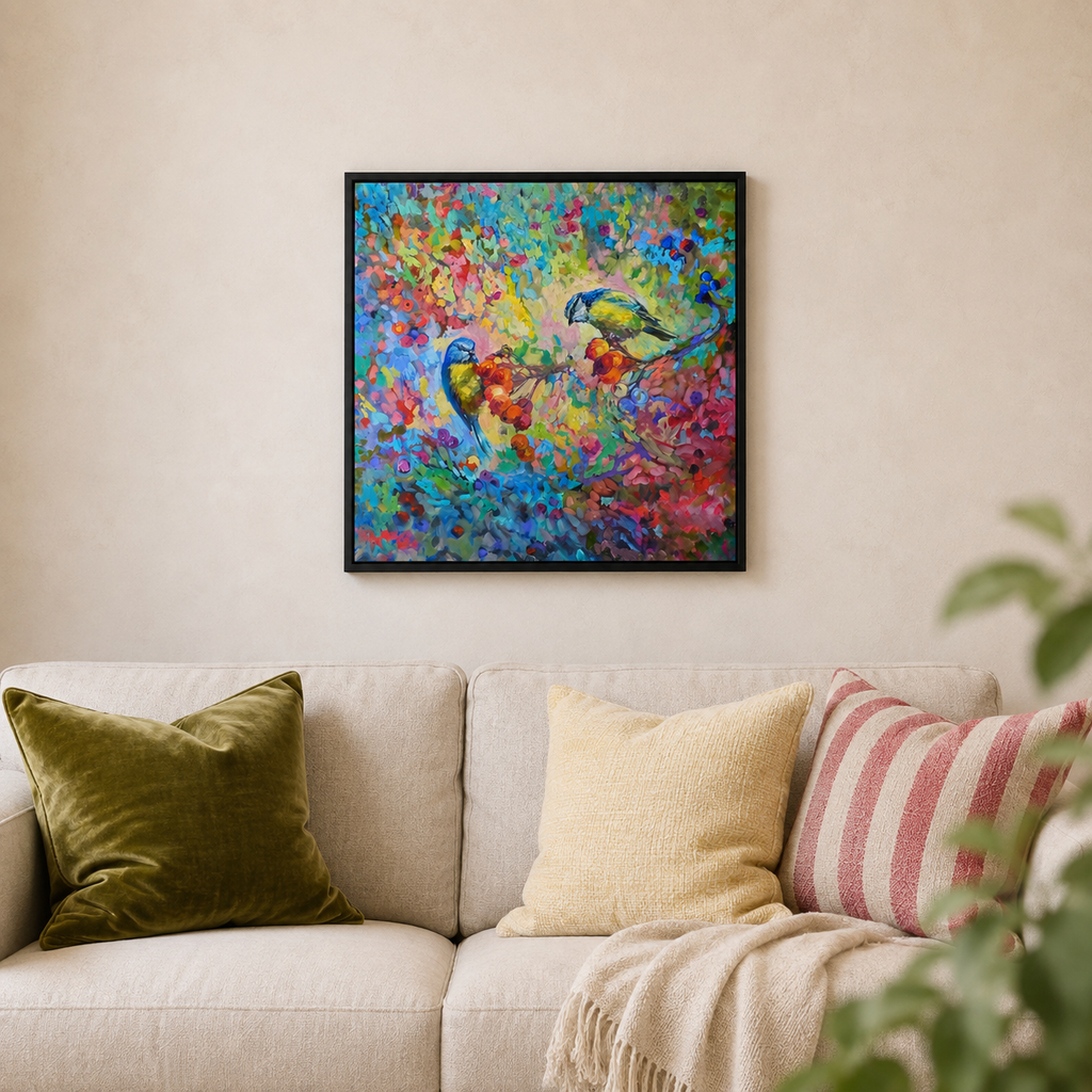 A framed colorful painting of two bluetits hanging on a beige wall above a cream sofa with green and pink pillows.