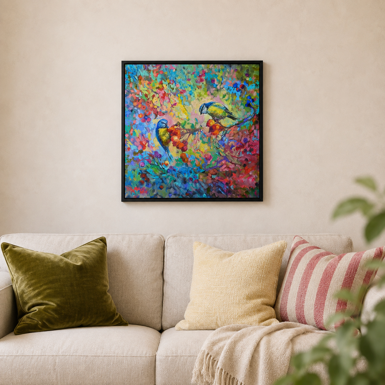 A framed colorful painting of two bluetits hanging on a beige wall above a cream sofa with green and pink pillows.