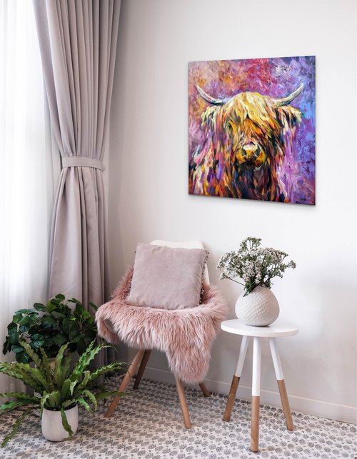 *Sold 'Glenshee' - Original Highland Cow Oil Painting - 30 x 30 "/ 76 x 76 cm - Animal Art by Susan Gardner - Contemporary Expressionist - Colourful Fine Art