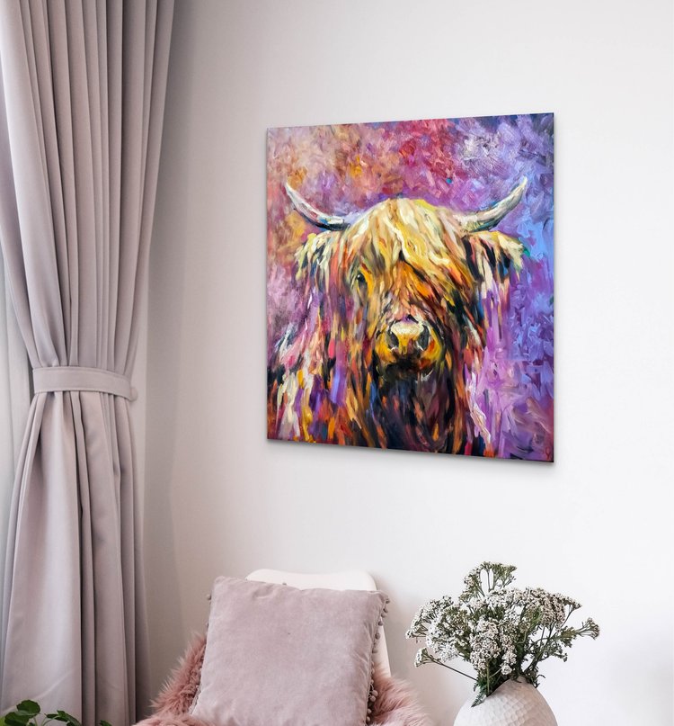 *Sold 'Glenshee' - Original Highland Cow Oil Painting - 30 x 30 "/ 76 x 76 cm - Animal Art by Susan Gardner - Contemporary Expressionist - Colourful Fine Art