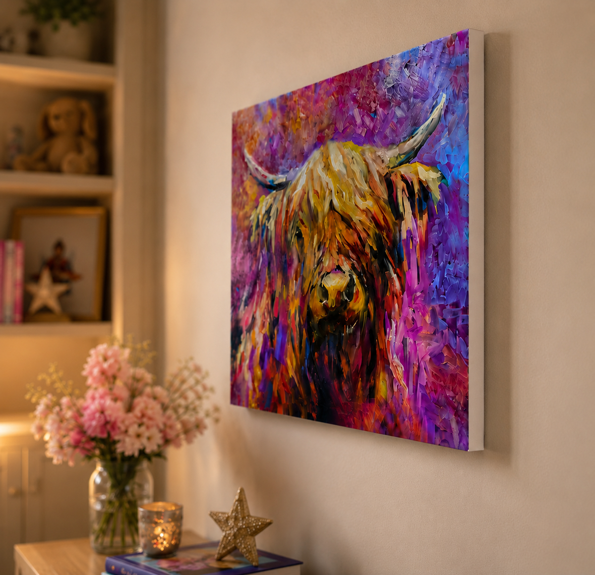 A colorful canvas wall art print depicting a Highland cow in an expressive, textured impasto style, hanging on a beige wall in a cozy, warmly lit room with pink flowers and decorative items below.