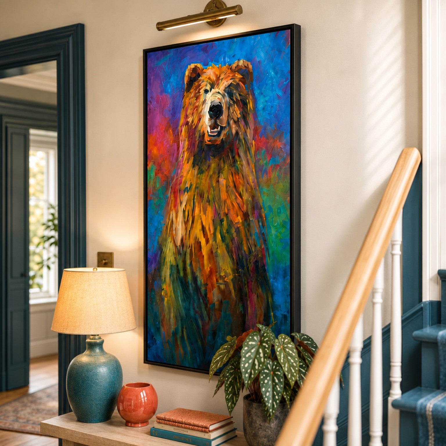 A framed vertical canvas painting of a colorful bear hanging on a beige wall in a decorated home interior with a lamp, plant, and staircase visible.