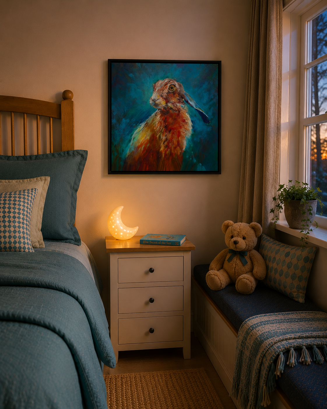 Cozy bedroom with a bed, hare art, nightstand, and bench with a teddy bear.