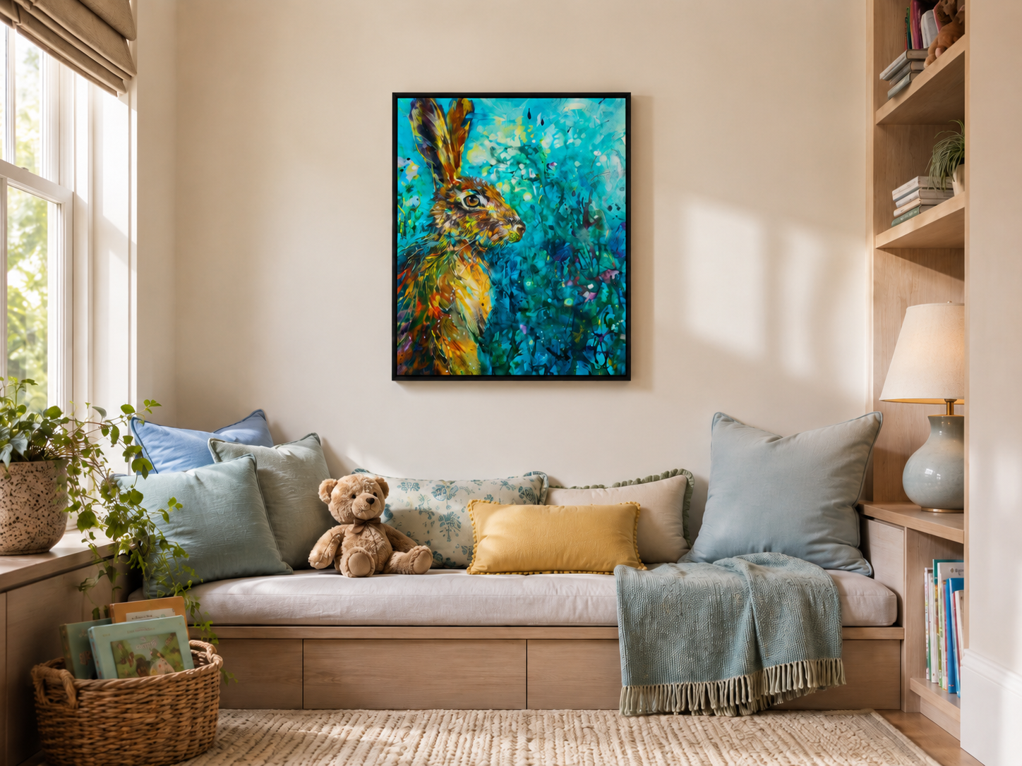 Cozy living room with a colorful abstract painting of a rabbit on the wall.