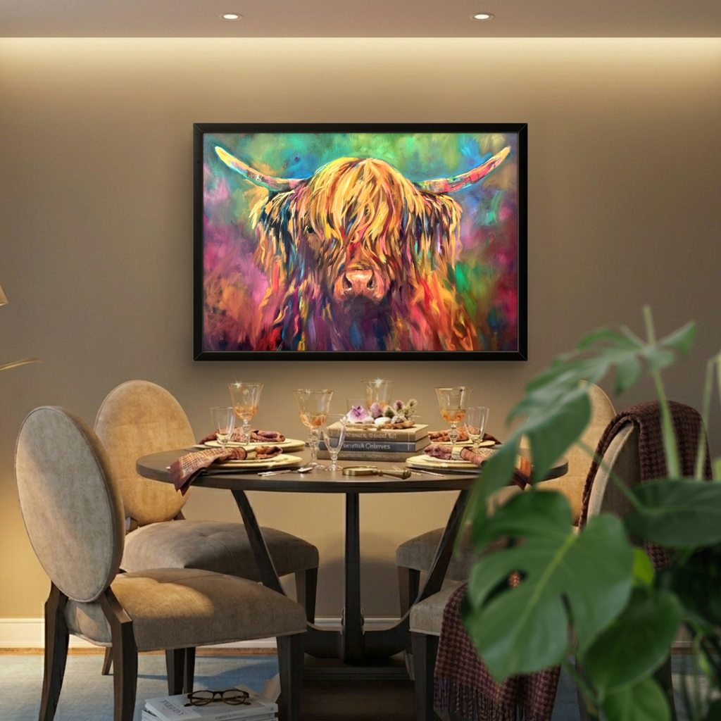 Applecross - Highland Cow Framed Canvas - - susan gardner - uk artist - colourful animal art