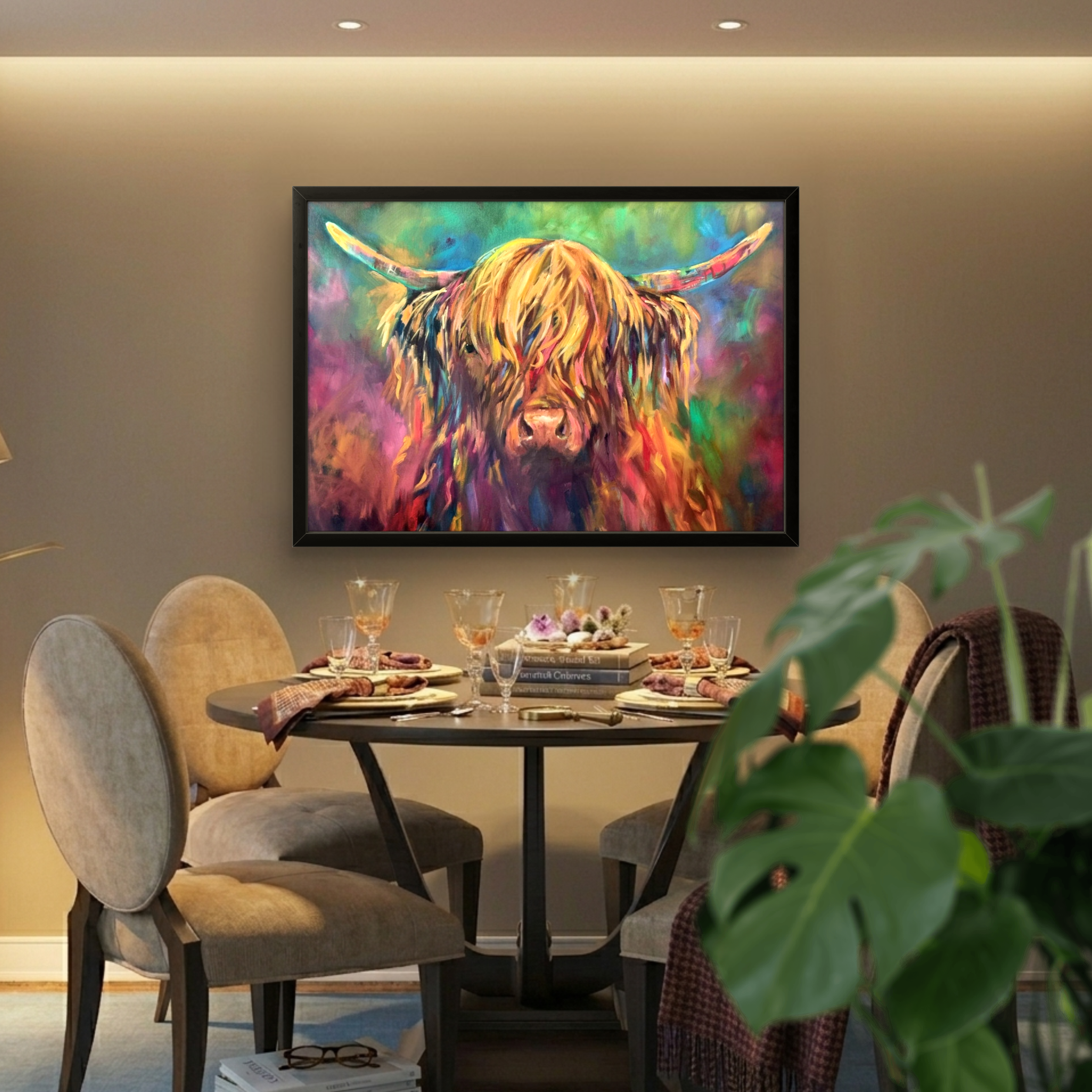 Applecross - Highland Cow Framed Canvas - - susan gardner - uk artist - colourful animal art
