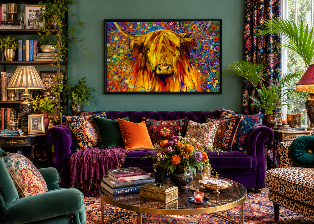 Colorful living room with a vibrant cow painting on the wall and a purple sofa.