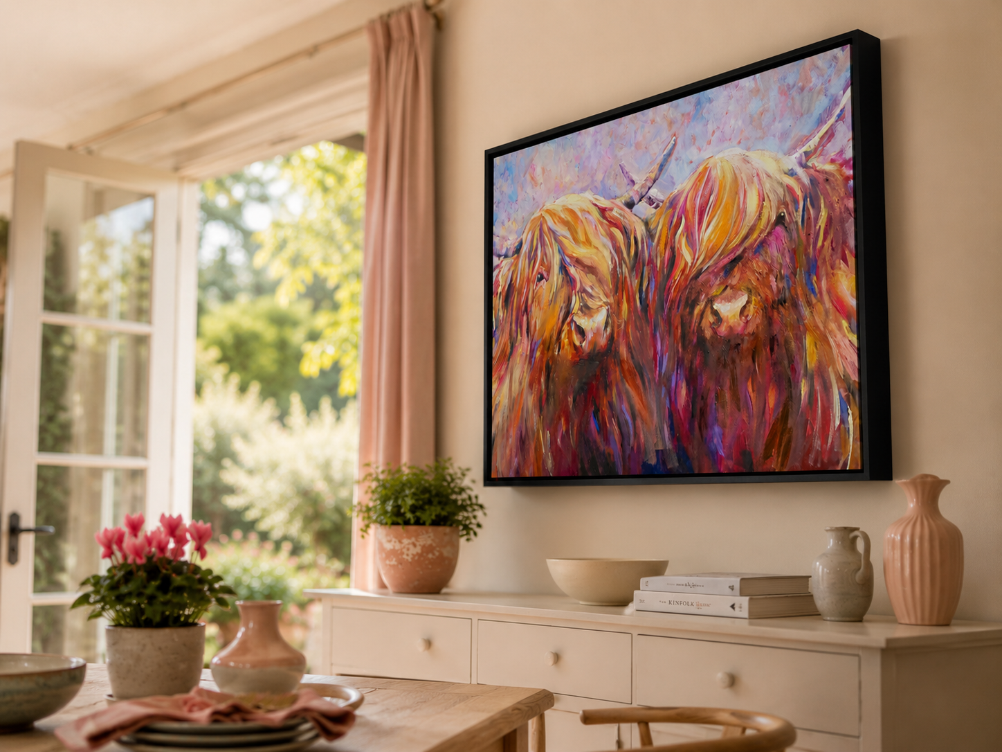 Colorful painting of two highland cows on a wall in a room with decor elements.