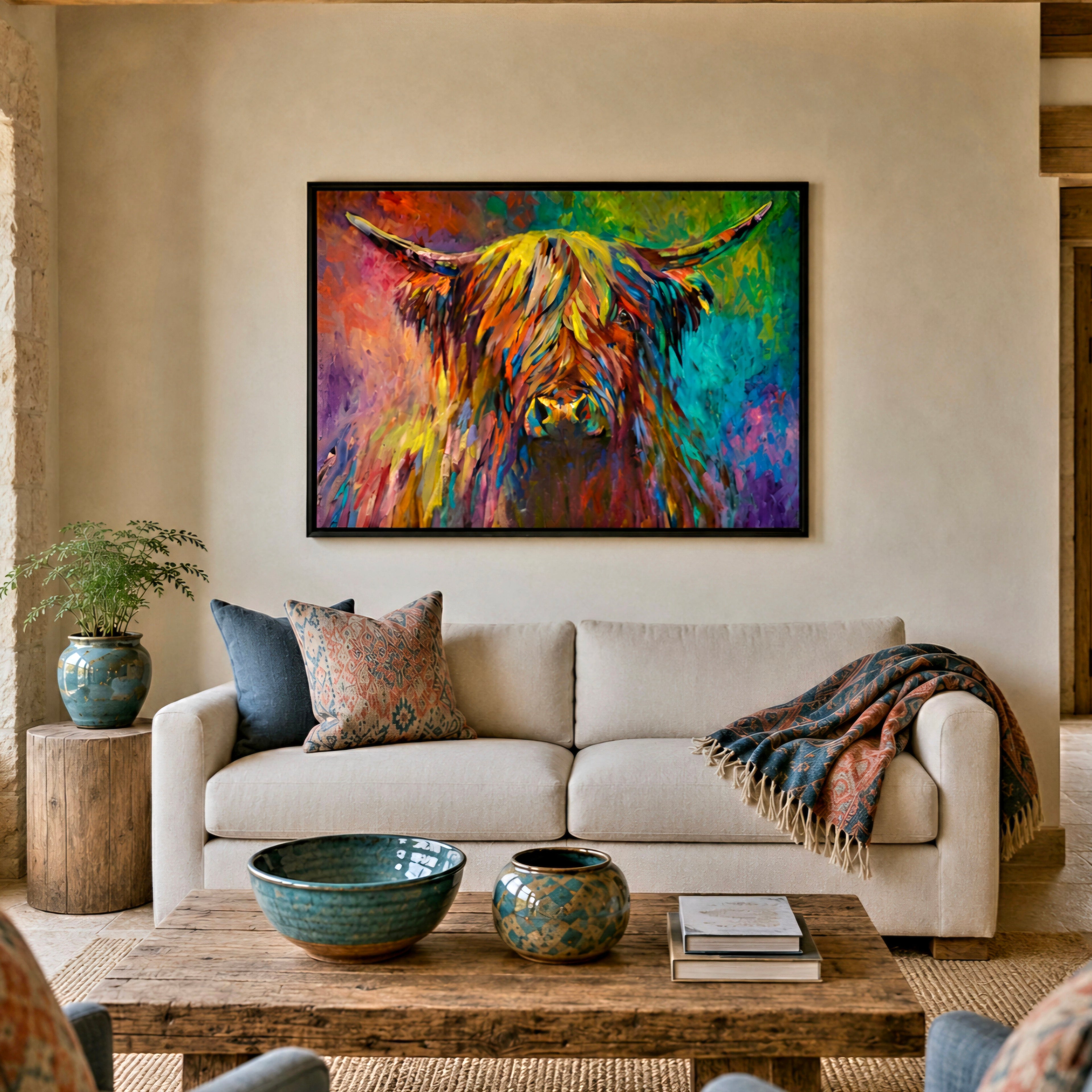 Colourful Highland Cow canvas art in a cosy contemporary home