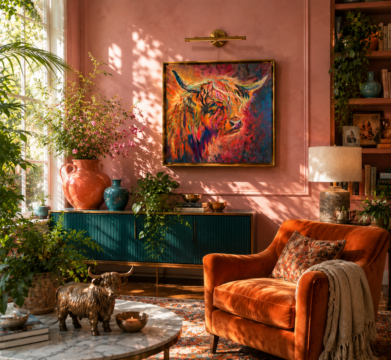 Living room with pink walls, orange sofa, and colorful cow painting.
