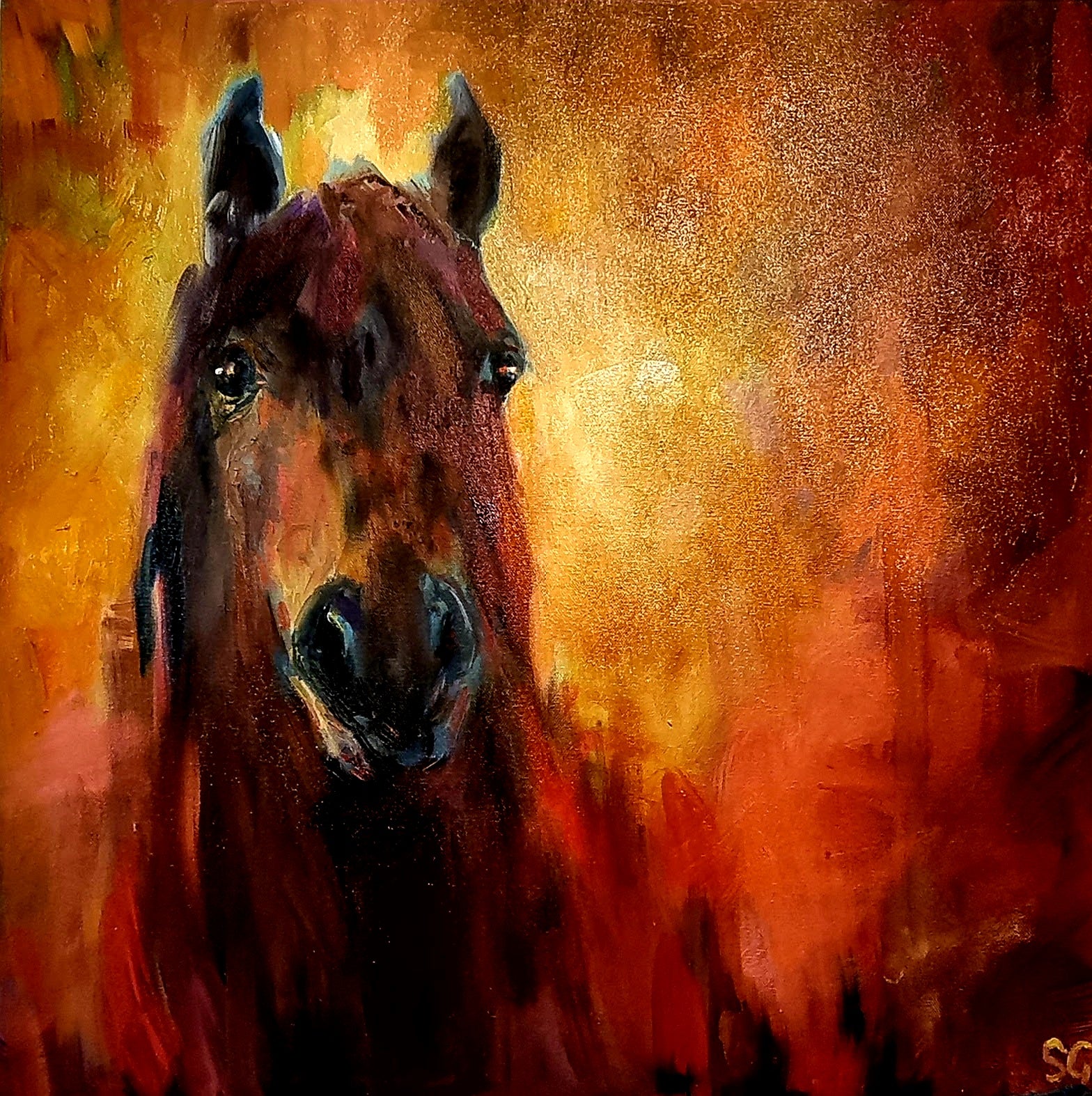 *Sold' Light and Light' - Bay Horse Painting 50 x 50 cm/20 x 20" - Animal Art by Susan Gardner - Contemporary Expressionist - Colourful Fine Art