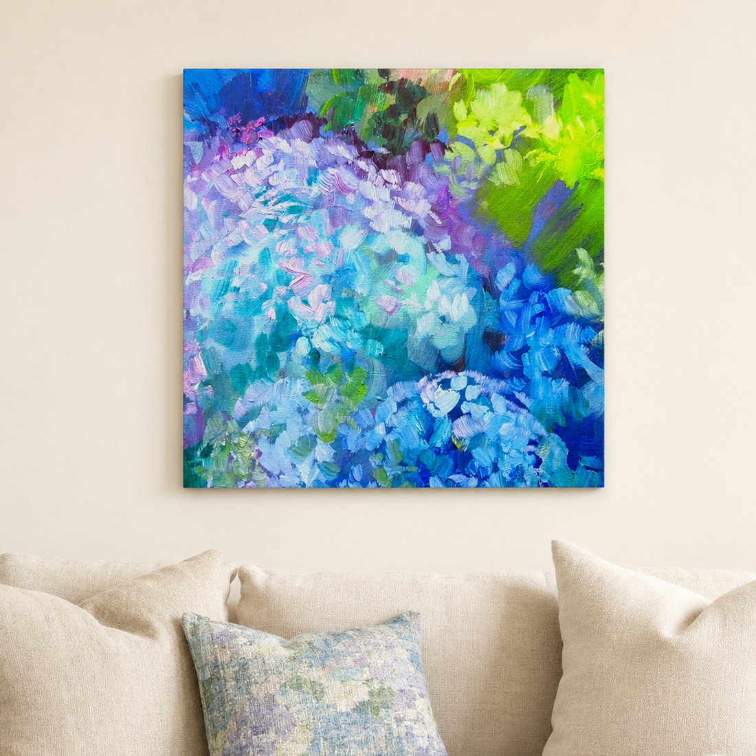 Blue and green hydrangea canvas print in a luxury beach house