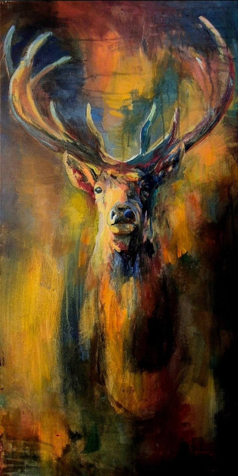 Sold* 'Secret of the Forest ' Original Stag Painting in Acrylics. 100 x 50 cm - Animal Art by Susan Gardner - Contemporary Expressionist - Colourful Fine Art