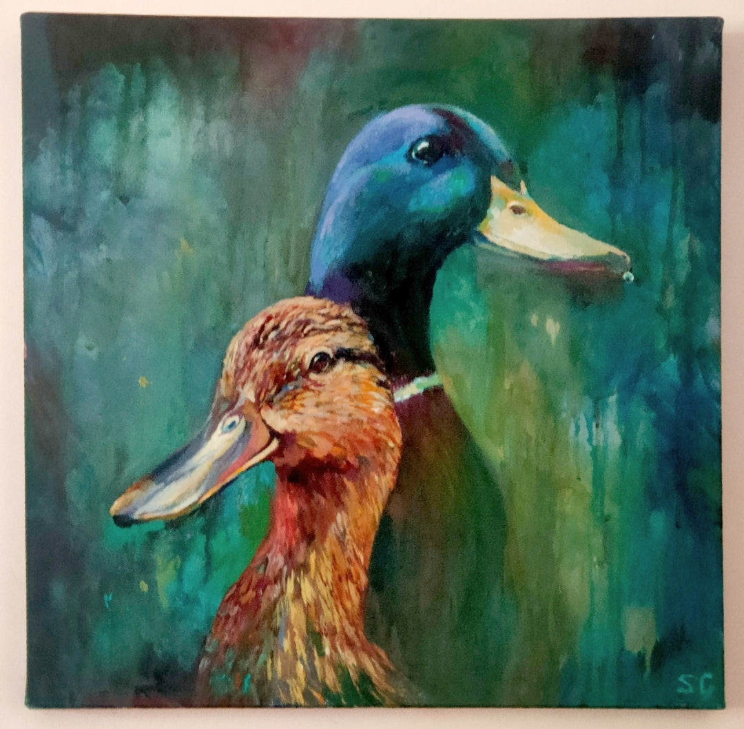 Sold* ' Puddle Ducks' - Original Painting 50 x 50 cm/ 20 x 20" - Animal Art by Susan Gardner - Contemporary Expressionist - Colourful Fine Art