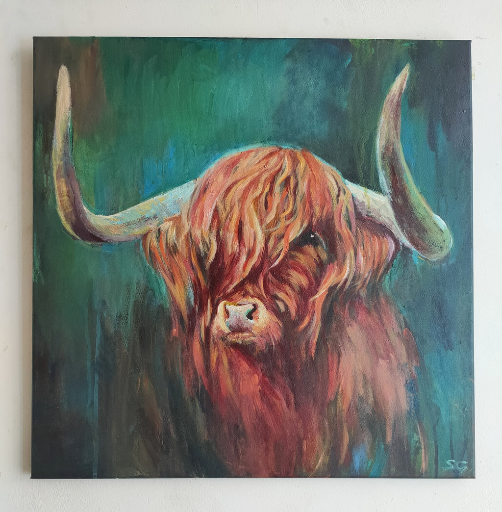 *Sold* 'Fraser' - Highland Bull Painting 50 x 50 cm/ 20 x 20" - Animal Art by Susan Gardner - Contemporary Expressionist - Colourful Fine Art