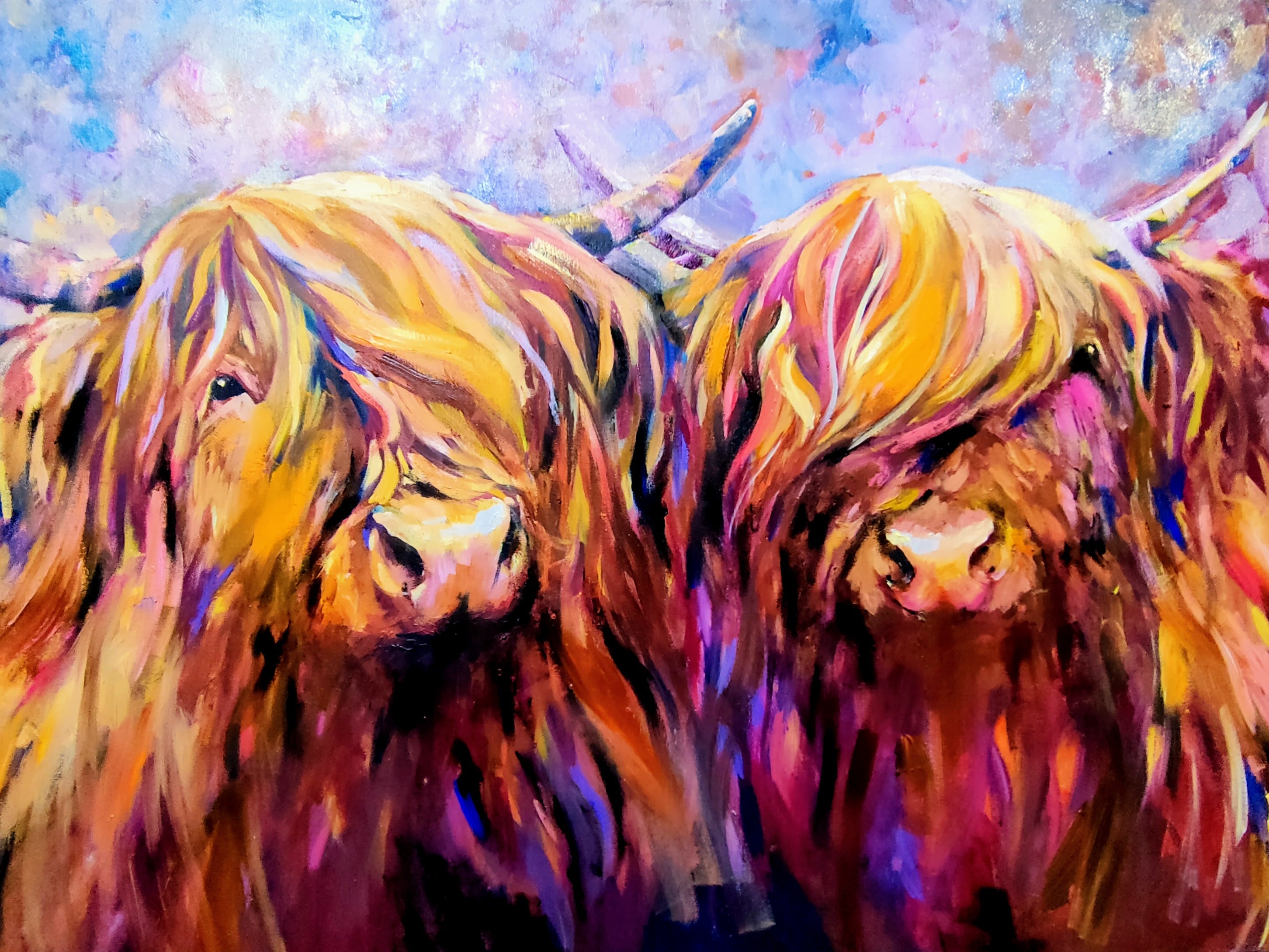 *Sold 'Fiddich and Spey ' - Original Highland Cow Couple Oil Painting - 30 x 40 "/ 80 x 100 cm - Animal Art by Susan Gardner - Contemporary Expressionist - Colourful Fine Art