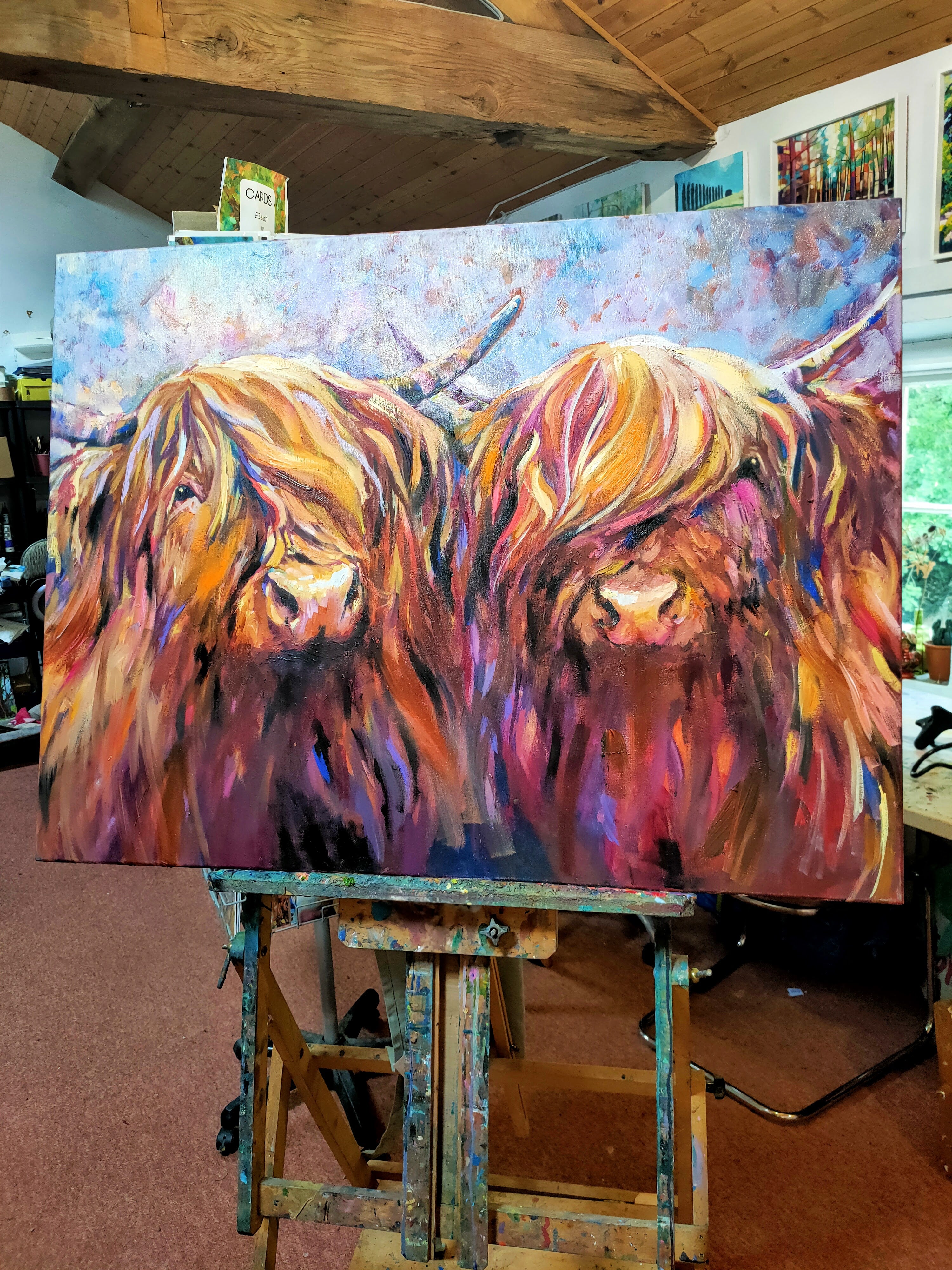 *Sold 'Fiddich and Spey ' - Original Highland Cow Couple Oil Painting - 30 x 40 "/ 80 x 100 cm - - susan gardner - uk artist - colourful animal art