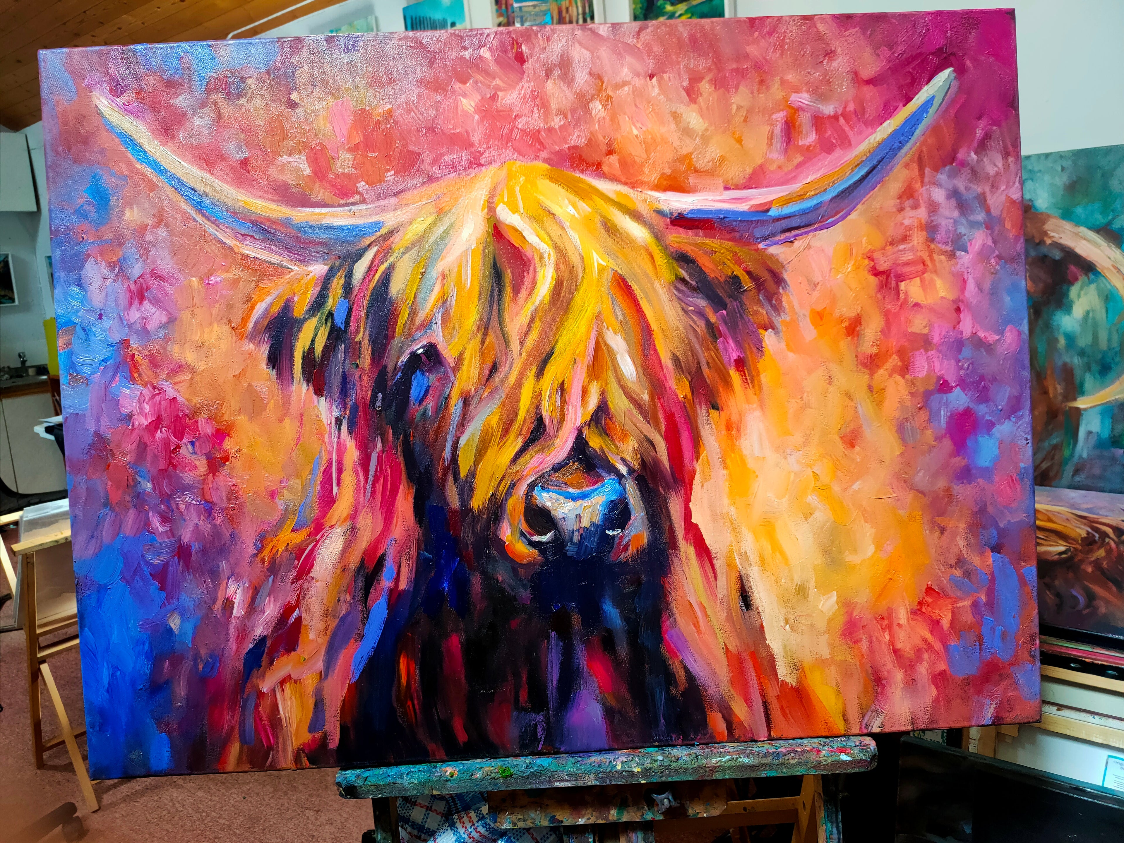 *Sold ' Lochinver '- Original Highland Cow Oil Painting - 80 x 100 cm /30 x 40 " - Animal Art by Susan Gardner - Contemporary Expressionist - Colourful Fine Art