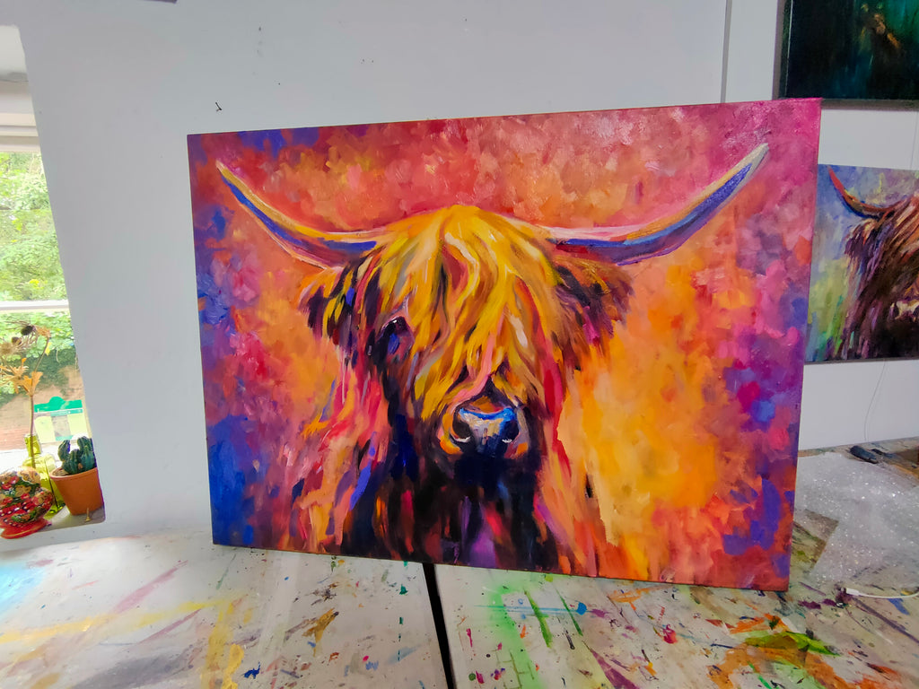 *Sold ' Lochinver '- Original Highland Cow Oil Painting - 80 x 100 cm /30 x 40 " - Animal Art by Susan Gardner - Contemporary Expressionist - Colourful Fine Art