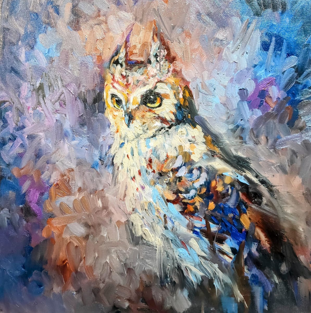*Sold 'Cedric' Eagle Owl - Original Owl Painting - 50 x 50 cm - Animal Art by Susan Gardner - Contemporary Expressionist - Colourful Fine Art