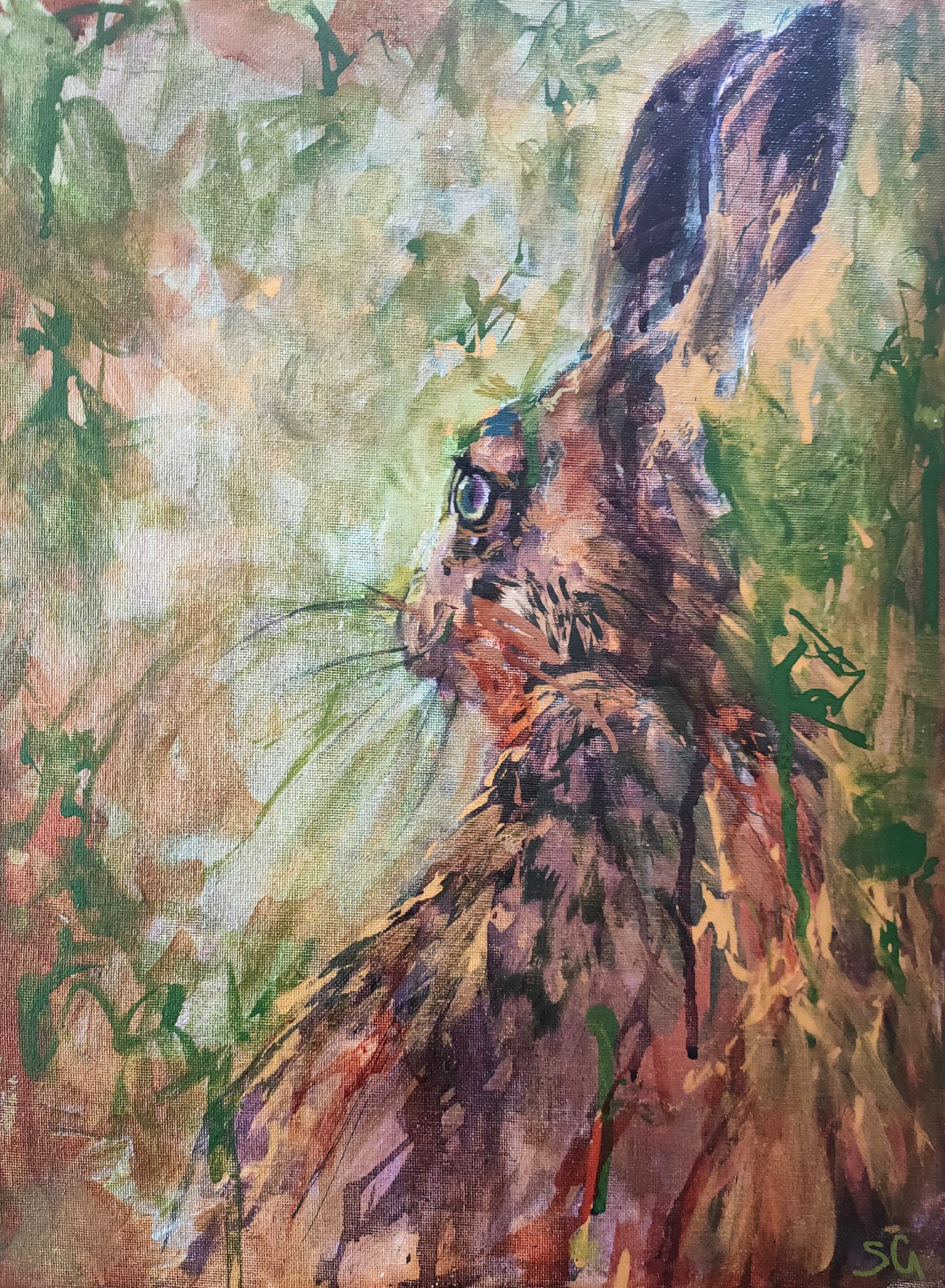 *SOLD*. Hedgerow Hideaway -Original Acrylic Painting on Canvas Board - 30 x 40 cm/12 x 16" - Animal Art by Susan Gardner - Contemporary Expressionist - Colourful Fine Art