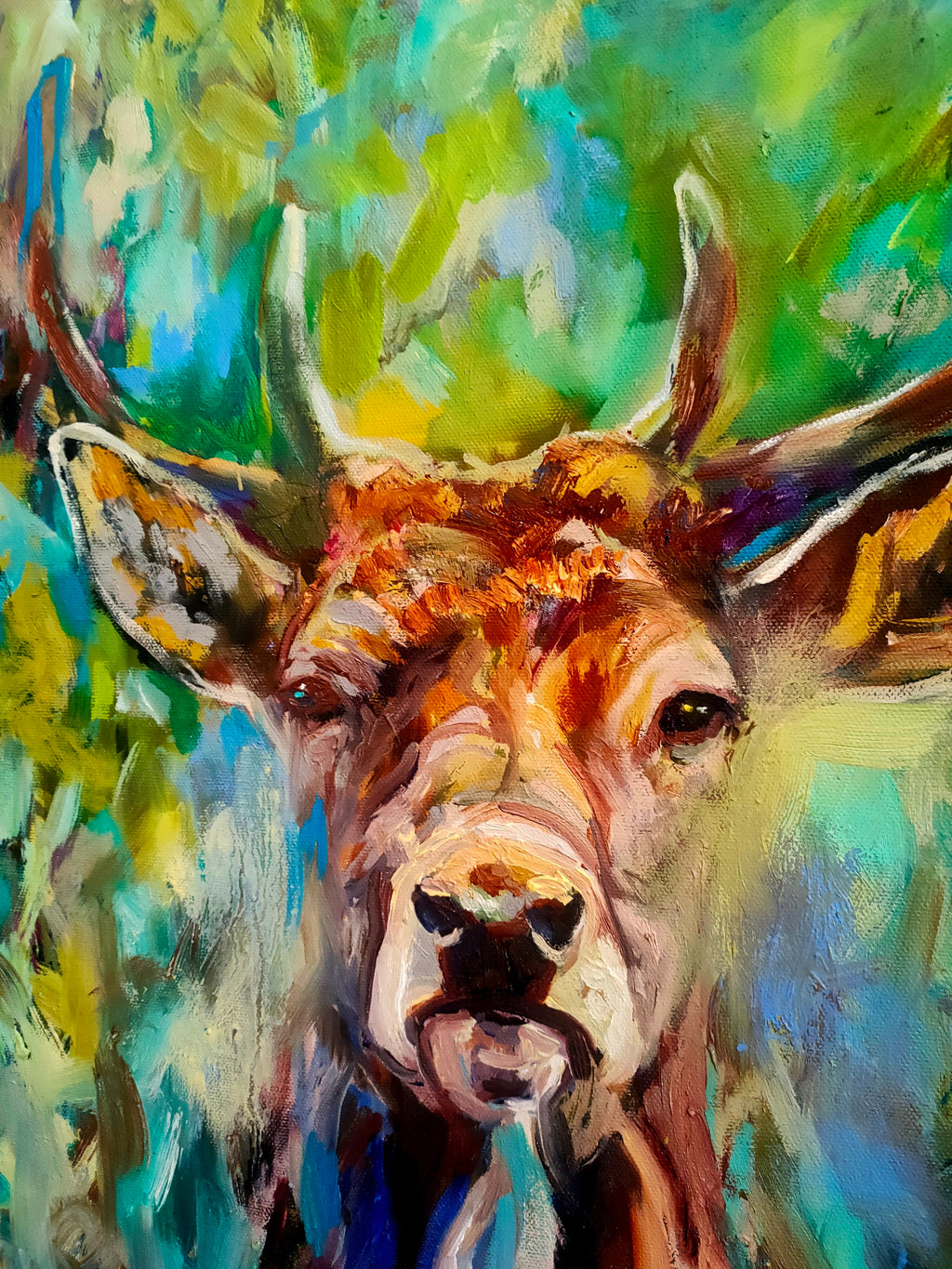 Sold* Dante - Original Stag Oil Painting - 60 x 60 cm /24 x 24 “ - Animal Art by Susan Gardner - Contemporary Expressionist - Colourful Fine Art
