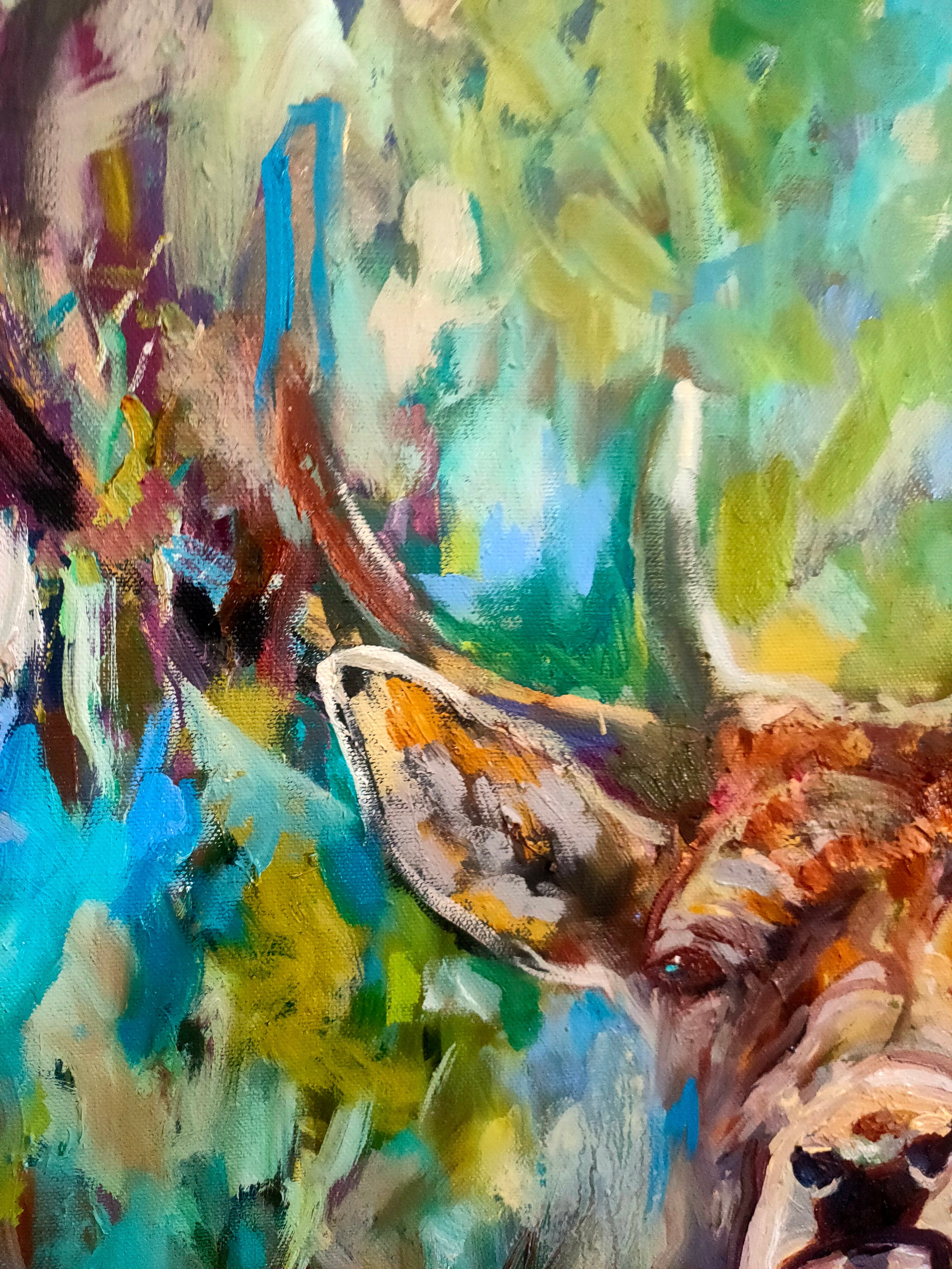 Sold* Dante - Original Stag Oil Painting - 60 x 60 cm /24 x 24 “ - Animal Art by Susan Gardner - Contemporary Expressionist - Colourful Fine Art