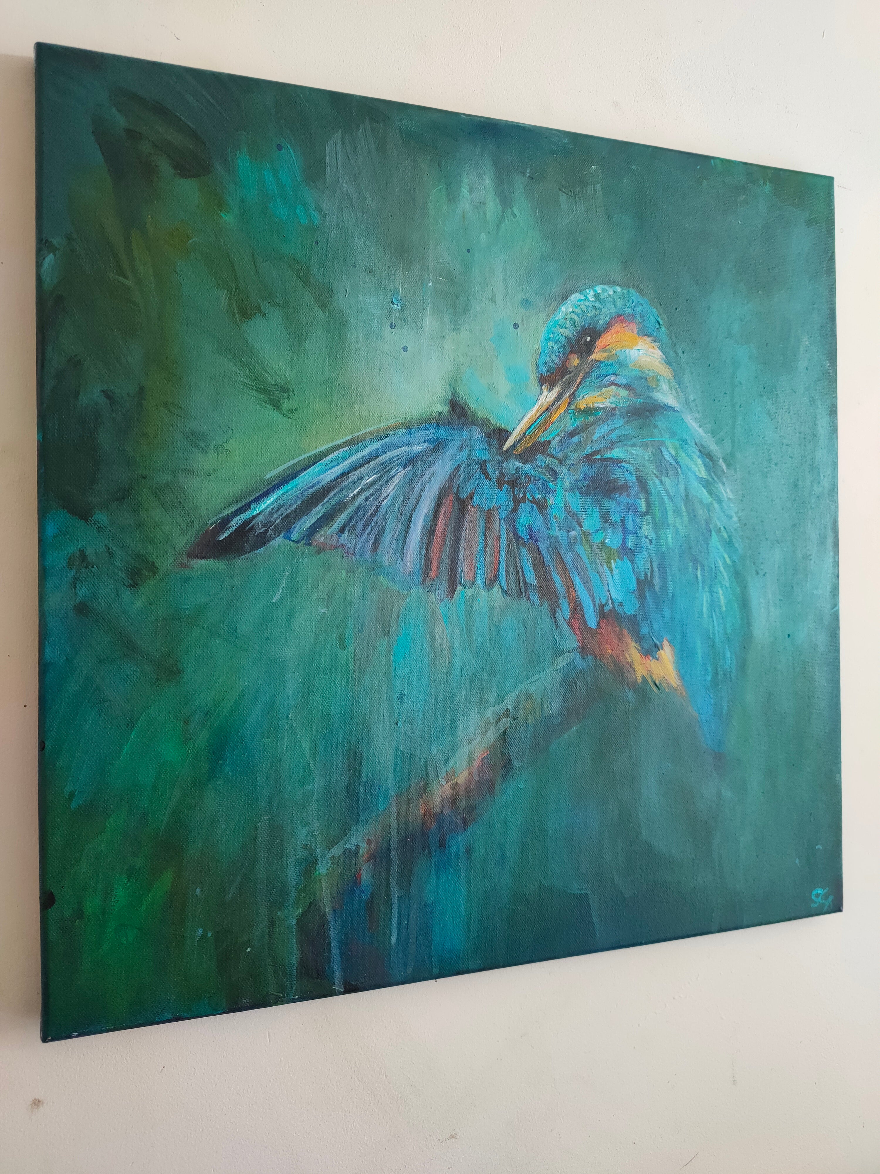 * sold*'April Shower' - Original Kingfisher Painting 50 x 50 cm/ 20 x 20" - Animal Art by Susan Gardner - Contemporary Expressionist - Colourful Fine Art