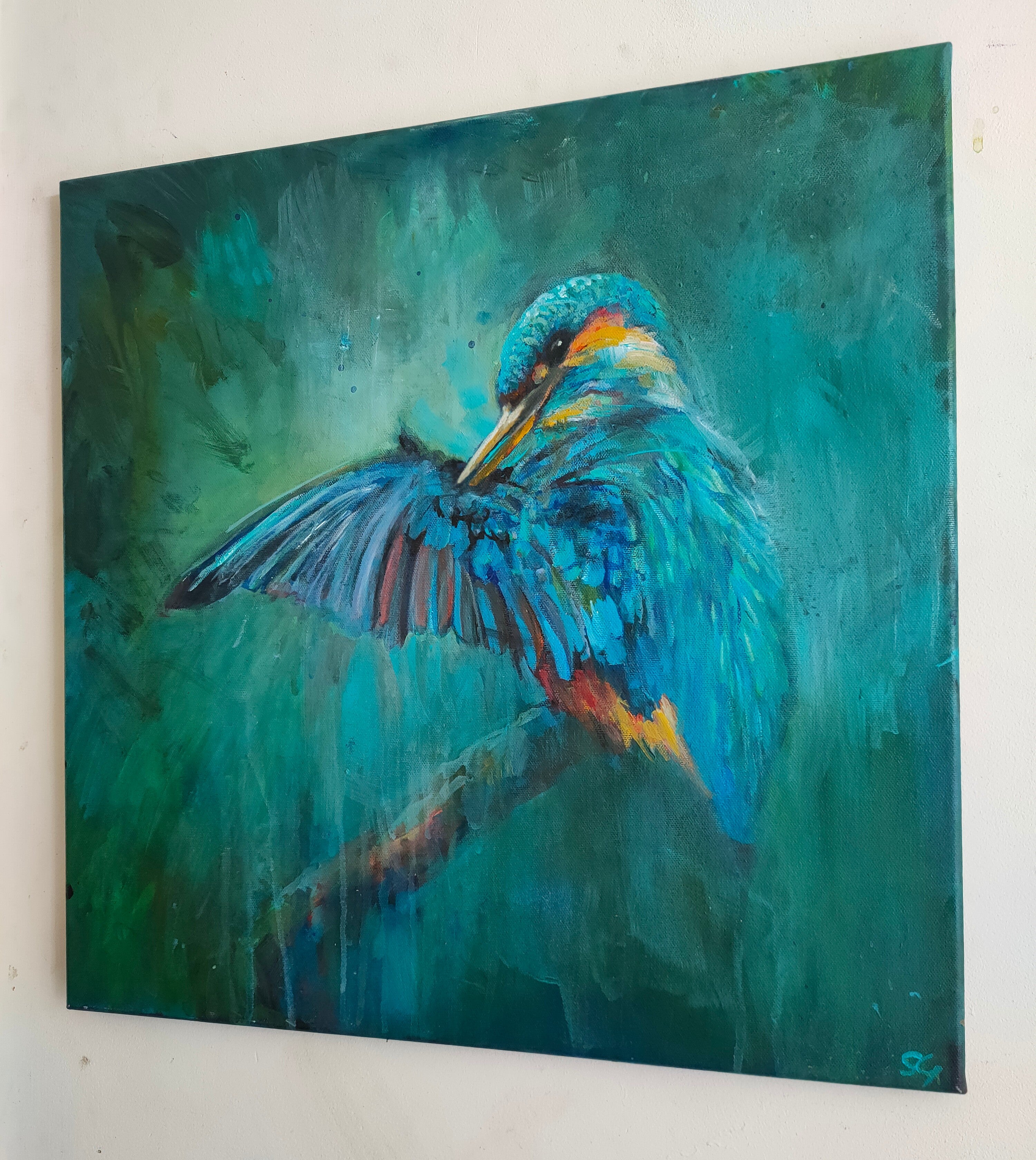 * sold*'April Shower' - Original Kingfisher Painting 50 x 50 cm/ 20 x 20" - Animal Art by Susan Gardner - Contemporary Expressionist - Colourful Fine Art